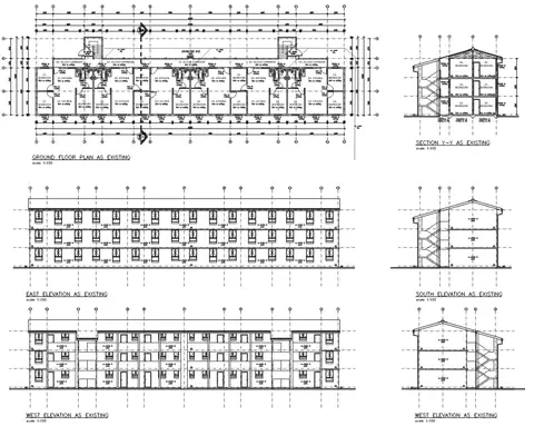 Flamingo Heights — As-existing ground floor, elevations and section